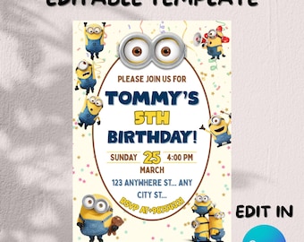 Editable Minion Birthday Invitation Template: Kids Party Invite (Digital Download, 5x7 PDF)