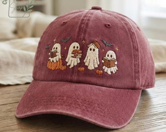 Embroidered Ghost Reading Books Washed Dad Hat, Halloween Baseball Cap, Spooky Season Hat, Book Lover Gift, Cute Fall Embroidery Cap