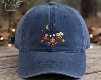 Embroidered Bee & Ladybug Campfire Washed Dad Hat, Cute Insect Baseball Cap, Nature Lover Gift, Cottagecore Outdoor Hat, Vintage Cotton Cap
