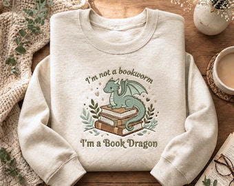 Embroidered Book Dragon Sweatshirt, Fantasy Reader Sweater, Cozy Book Lover Crewneck, Dragon Book Shirt, Fantasy Book Lover Gift
