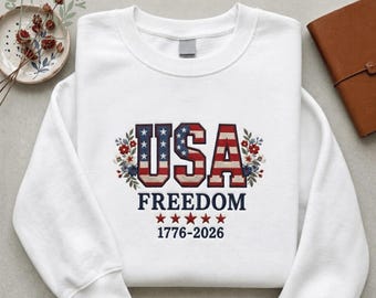 Felpa ricamata con motivo floreale USA, girocollo patriottico da donna, maglietta femminile per il 4 luglio, maglione USA Est 1776, outfit da ragazza americana