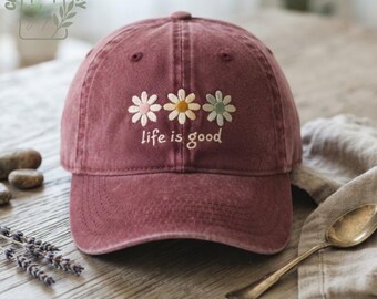 Embroidered Washed Dad Hat, Floral Daisy Baseball Cap, Life Is Good Hat, Vintage Casual Cotton Cap, Cottagecore Flower Lover Gift