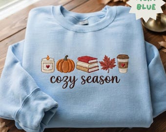 Embroidered Cozy Season Sweatshirt, Cute Autumn Pumpkin Bookish Sweater, Fall Apparel, Spooky Season Book Lover Shirt, Halloween Gift