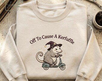 Off To Cause A Kerfuffle Embroidered Sweatshirt, Funny Opossum Scooter T-Shirt, Mental Health Tee, Sarcastic Humor Hoodie, Animal Lover Gift