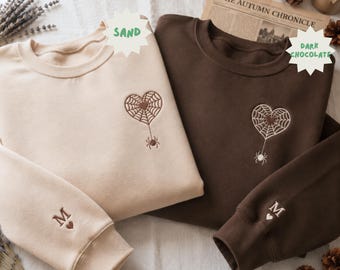 Embroidered Spider Web Heart Couple Sweatshirt, Matching Couple Crewneck, Halloween Love Sweatshirt, Anniversary Gift, Romantic Gothic Tee
