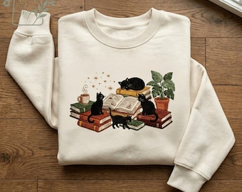 Felpa con ricamo di un gatto nero e libreria, maglione per amanti dei gatti, felpa girocollo per amanti della lettura, regalo per mamme di gatti, felpa per amanti dei libri, regali per appassionati di libri