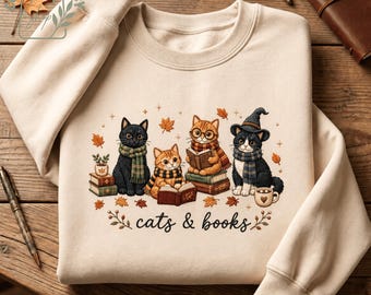 Cats & Books Embroidered Sweatshirt, Cozy Bookish Cat Crewneck, Cute Reading Cat Shirt, Book Lover Gift