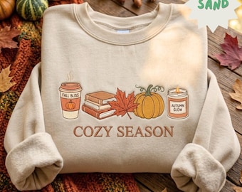 Embroidered Cozy Season Sweatshirt, Autumn Fall Pumpkin Coffee Book Shirt, Cute Cozy Fall Bookish Tee, Spooky Season Shirt, Book Lover Gifts