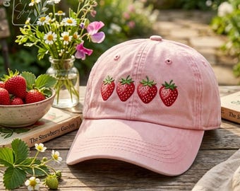 Embroidered Strawberry Washed Dad Hat, Vintage Baseball Cap, Summer Cottagecore Cap, Cute Fruit Garden Hat, Nature Lover Gift