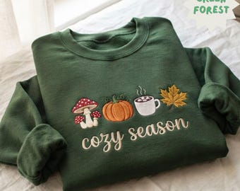 Embroidered Cozy Season Sweatshirt, Autumn Pumpkin Coffee Tee, Fall Bookish Sweatshirt, Cute Spooky Season Shirt, Cozy Halloween Gifts