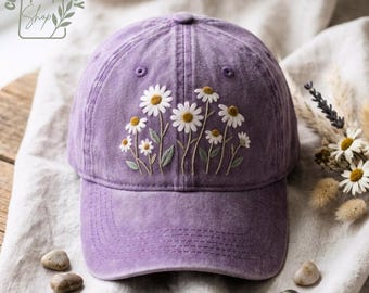 Embroidered Daisy Flower Washed Dad Hat, Vintage Baseball Cap, Floral Cottagecore Dad Hat, Purple Botanical Hat, Flower Lover Gift