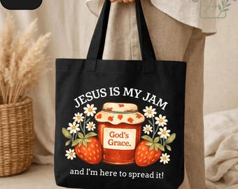 Jesus Is My Jam Canvas Tote Bag, Funny Christian Mom Tote, Faith Humor Canvas Bag, Religious Gift for Women, Christian Tote