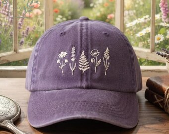 Embroidered Wildflower Washed Dad Hat, Floral Baseball Cap, Cottagecore Botanical Hat, Vintage Cotton Cap Nature Lover Gift Garden Lover Hat