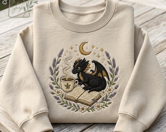 Dragon Book Embroidered Sweatshirt, Fantasy Reader Crewneck, Cottagecore Bookworm Sweater Gift
