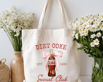 Diet Coke Social Club Tote Bag Canvas, Diet Coke Coquette Bow Tote Bag, Sarcastic Meme Tote, Soda Lover Gifts for Women