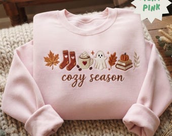 Embroidered Cozy Season Sweatshirt, Halloween Cozy Shirt, Fall Autumn Bookish Tee, Cute Ghost Pumpkin Coffee Sweater, Spooky Season Shirt