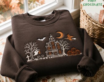 Embroidered Haunted House Sweatshirt, Vintage Spooky Manor Crewneck, Halloween Ghost Shirt, Gothic Fall Embroidery, Dark Cottagecore Sweater