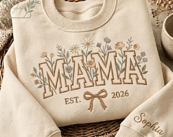 Custom Mom Floral Embroidery Sweatshirt, Personalized Mothers Day Gift, Gift for Grandma, Pregnancy Reveal Clothing, Cozy Custom Mama Shirt