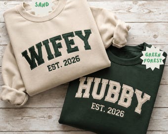 Embroidered Wifey Hubby Sweatshirt, Custom Couple Crewneck, Personalized Newlywed Shirt, Anniversary Matching Sweatshirt, Husband Wife Gift