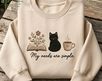 Bookish Cat and Coffee Embroidered Sweatshirt, Cozy Reader Hoodie, Bookworm Cat Lover Gift Shirt