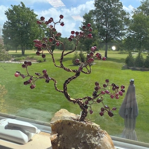 Handmade Bronze Wire Bonsai Tree with Ruby and Garnet on Quartz Base