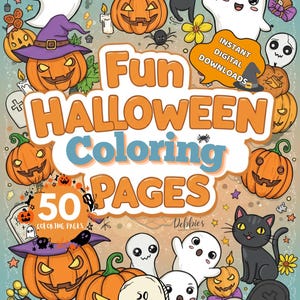 Può includere: Una copertina di download digitale a tema Halloween, con zucche, fantasmi e gatti neri. Il testo "Fun Halloween Coloring Pages" e "50 Coloring Pages" è presente. L'immagine è in stile cartone animato.