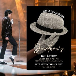 May include: A rectangular birthday invitation card featuring a black background with a silver glitter fedora hat and a matching sequined glove. The text reads: JOIN US TO CELEBRATE, Jonathan's 10TH BIRTHDAY, 26 JULY 2026 AT 5 PM, MOONWALK HALL, 123 ANYWHERE ST., ANY CITY, LET'S HAVE A THRILLER TIME!, RSVP: +123-456-7890.
