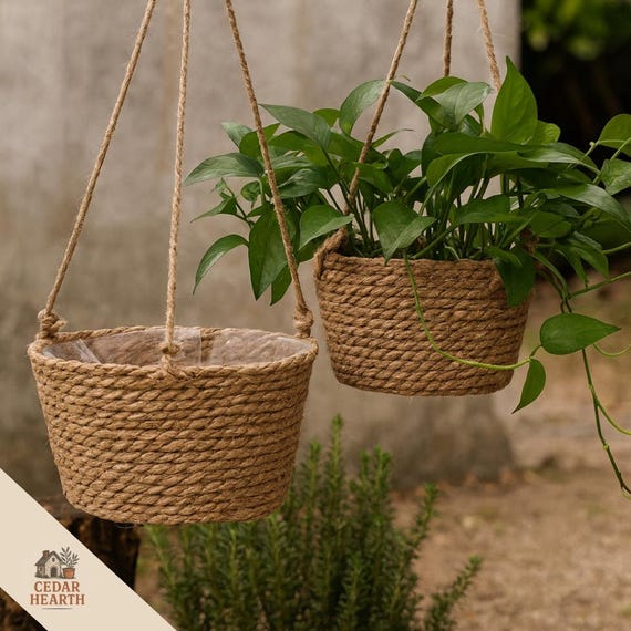 Rattan Style Hanging Basket Planter – Rustic Woven Seagrass