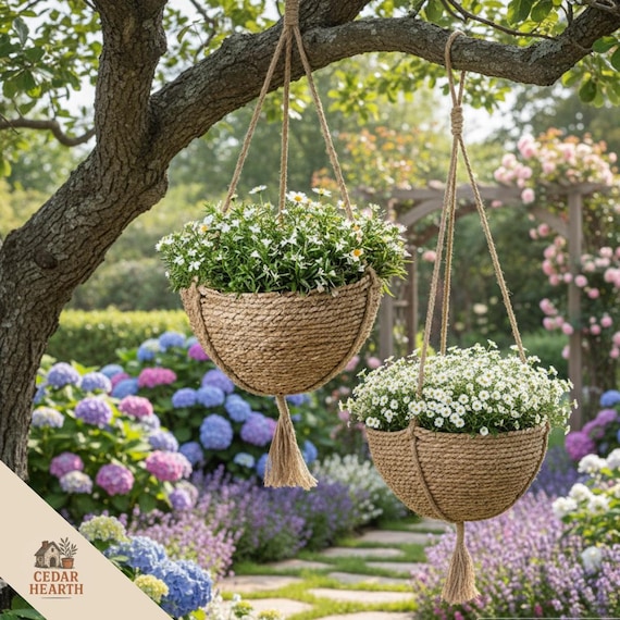 Rustic Rattan Hanging Basket Planter – Woven Seagrass Plant hanging basket with Rope Hanger, Boho Farmhouse Indoor Outdoor Wall Décor
