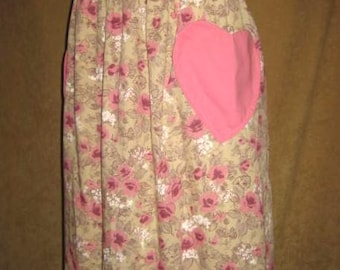 Vintage 60s Handmade Pink Heart & Floral Double Pocket Apron Medium - Large