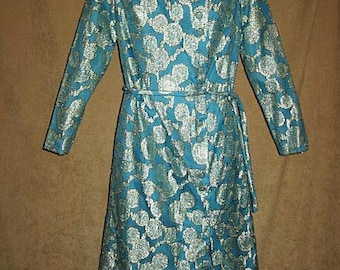 Vintage 60s Brocade Cocktail Dress Gold and Teal