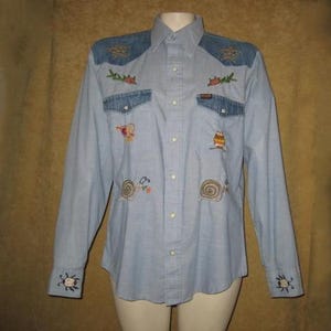 Vintage 60s 70s Cotton Chambray & Denim Embroidered Shirt 41&quot;