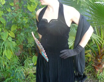 Vintage 40s Black Velvet Two Piece Dress Full Skirt by Kabro of Houston