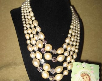 Vintage 1950 Four Strand Faux Pearl and Crystal Necklace Made in Japan