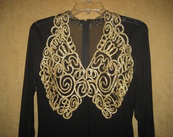 Vintage 80s PlaySuit Romper Mode Nikko Black Gold Soutache trim