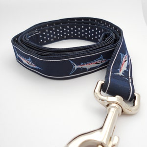 Custom Dog Leash - Nautical Blue Marlin Fish and Navy Swiss Dots