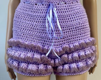 Crochet Ruffle Shorts with Fuzzy Trim
