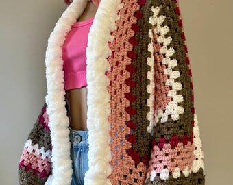Fur Trim Granny Hexagon Cardigan
