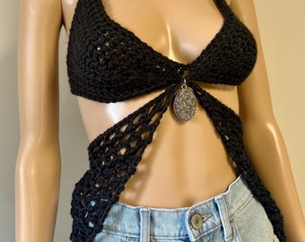 Strappy Black Jeweled Crochet Top