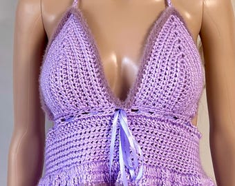 Fuzzy Trim Babydoll Top with Ruffles