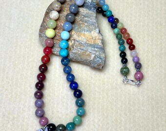Multi-gem color spectrum & sterling silver hummingbird charm necklace: CHARITY DONATION