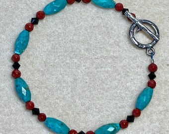 Turquoise, red jasper, crystal & Hill Tribes silver bracelet: CHARITY DONATION