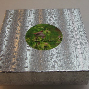 May include: A silver gift box with a round sticker featuring a bird in flight and the text "Sparkle Finch Jewelry".