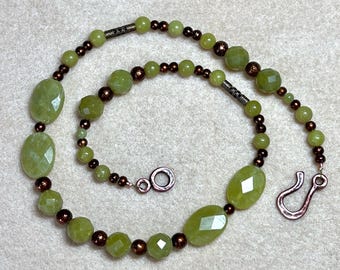 Olive new jade, glass, Vintaj brass and copper plated pewter necklace: CHARITY DONATION