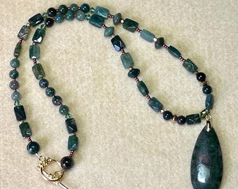 Moss agate, crystal & gold vermeil pendant necklace: CHARITY DONATION