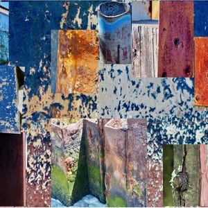 May include: A collage of textures and colors, featuring weathered surfaces. Sections of peeling blue paint, rusted metal, and aged wood are juxtaposed. The image evokes a sense of age and decay, with a focus on the interplay of textures and colors.