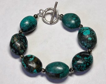 Turquoise, pyrite and Hill tribes silver bracelet: charity donation