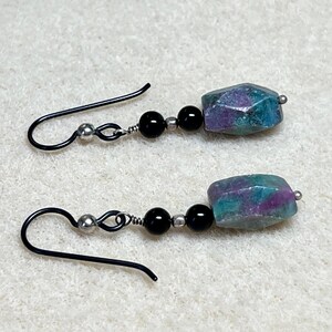 Ruby in zoisite, black onyx, sterling silver & niobium earrings: CHARITY DONATION