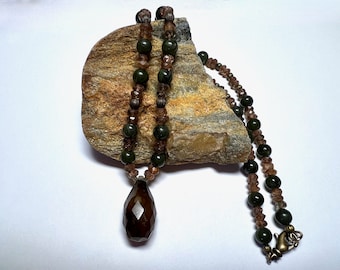 Nephrite jade, andalusite, chalcedony & brass necklace: CHARITY DONATION