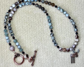 Multi-gemstone, glass & copper moose charm necklace: CHARITY DONATION